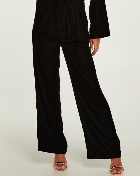 Curve Black Velvet Wide Leg Trousers | Yours Clothing