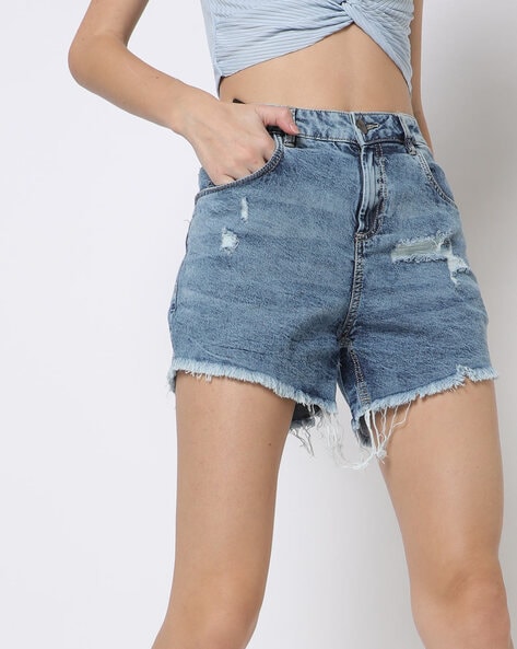 GOBLES Women's Sexy Summer High Waist Ripped Frayed Hem Denim Shorts with  Pockets Blue at Amazon Women's Clothing store