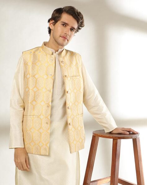 Beige Embroidered Bandhgala Jacket With Kurta Set Design by Gargee  Designers at Pernia's Pop Up Shop 2024