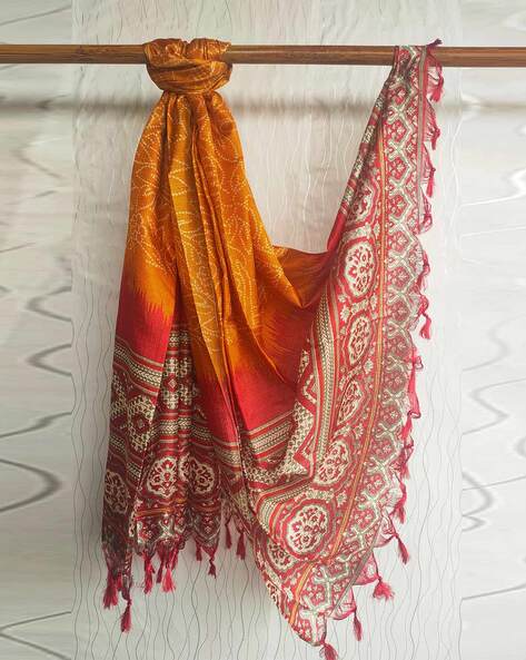 Multi Color Printed Art Silk Dupatta with Tassels Price in India