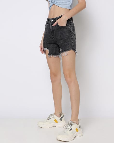 Denim Shorts with Frayed Hem