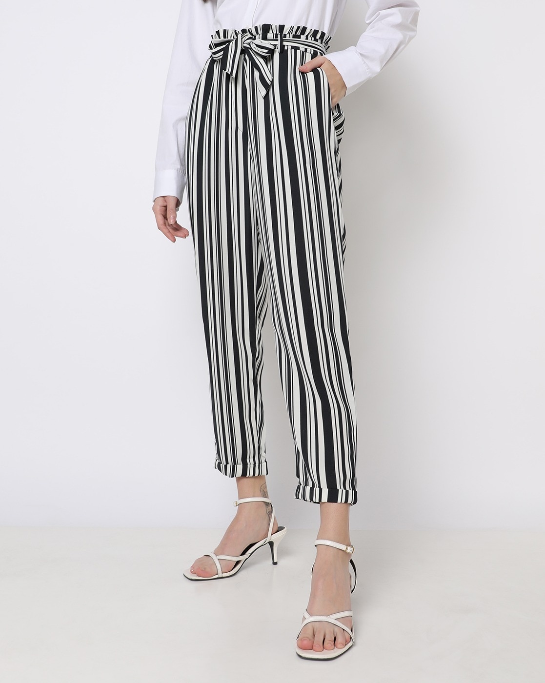 Buy Online Women Stylish Black Striped Volume Play Trousers at best price   Plussin