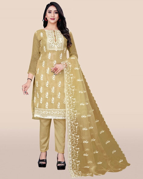 Embroidered Semi-Stitched Straight Dress Material Price in India