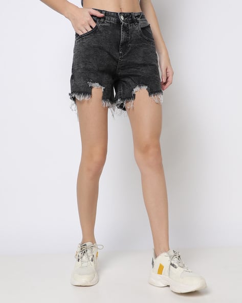 Denim Shorts with Frayed Hem