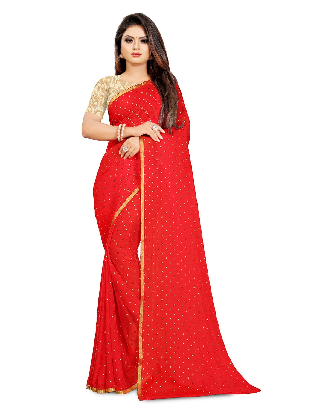 Unstitched Self Design Fashion Red Chiffon Saree - Pink Shop