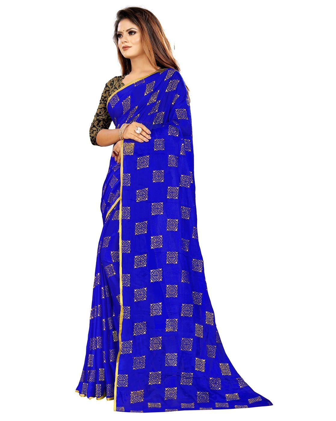 Buy Silk Icon Women Linen Royal Blue Saree With Plain Zari Border Running  Blouse Piece at Amazon.in