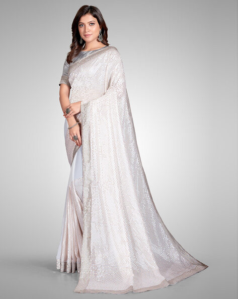 Silver Foiled Net Saree with white river flow nikki blouse Design by 431-88  By Shweta Kapur at Pernia's Pop Up Shop 2024