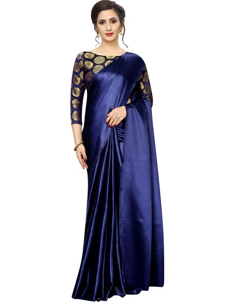 Olympic Blue Designer Silk Saree with Contrast Embroidered Blouse – Ethnos