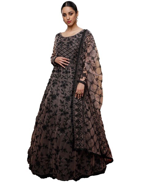 Embellished Semi-Stitched Anarkali Dress Material with Dupatta Price in India