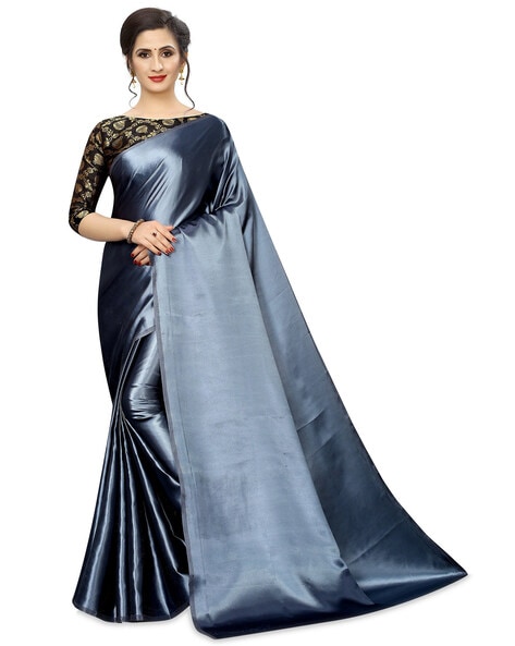 Buy Pewter Grey Saree In Banarasi Silk With Midnight Blue Silk Blouse Piece  Online - Kalki Fashion