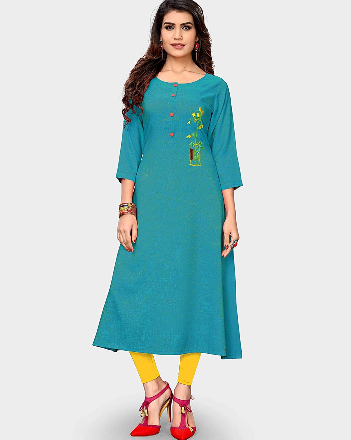 Indian Women Blue Floral Printed Keyhole Neck Cotton Kurta Kurti Top Tunic  Dress – CDE