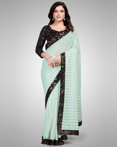 Trendy Light Green Silk Saree with Blue Blouse