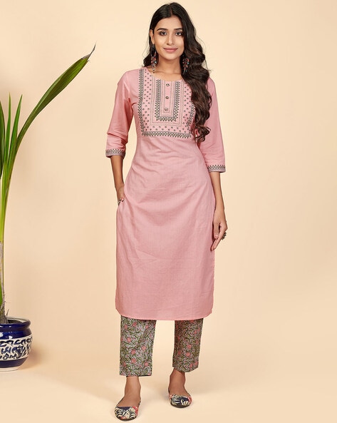 Embroidered Straight Kurta with Pants Price in India