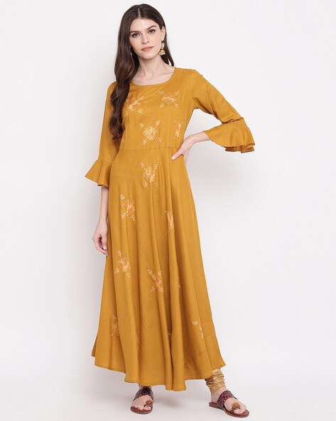 Buy Yellow Handcrafted A-Line Cotton Kurta for Women | FGMK21-45 | Farida  Gupta | Kurta designs women, Cotton kurti designs, Ladies blouse designs
