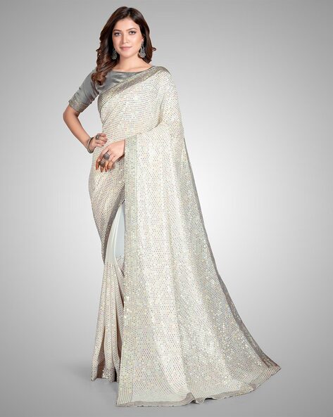 Buy White Sequins Shimmer Georgette Saree - Koskii