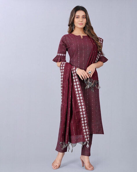 Striped Unstitched Top with Bottom & Dupatta Price in India