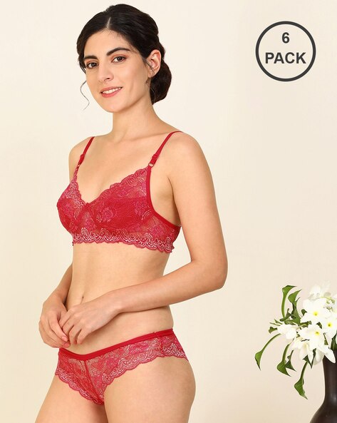 Buy online Red Net Bra And Panty Set from lingerie for Women by