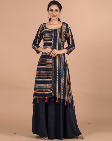 becoming blue stripes flared kurti