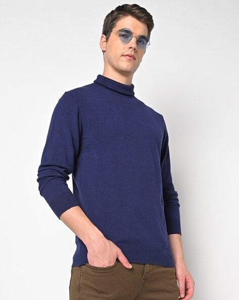 Mens Rib Roll Neck Navy