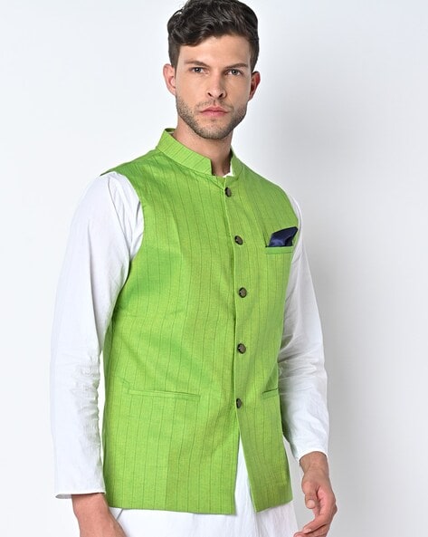 Embroidered Cotton Nehru Jacket in Sea Green : MNK350
