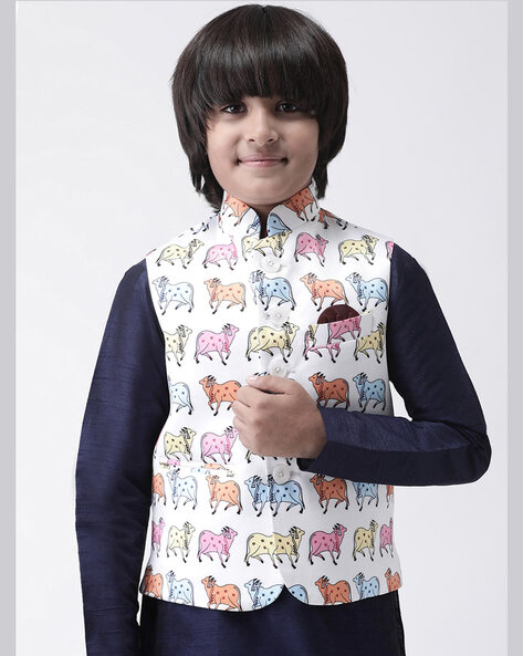 Orange Printed Nehru Jacket With Kurta Set For Boys Design by Li'l Angels  at Pernia's Pop Up Shop 2024