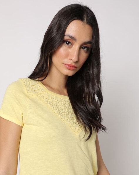 Heathered Round-Neck T-shirt with Lace Insert