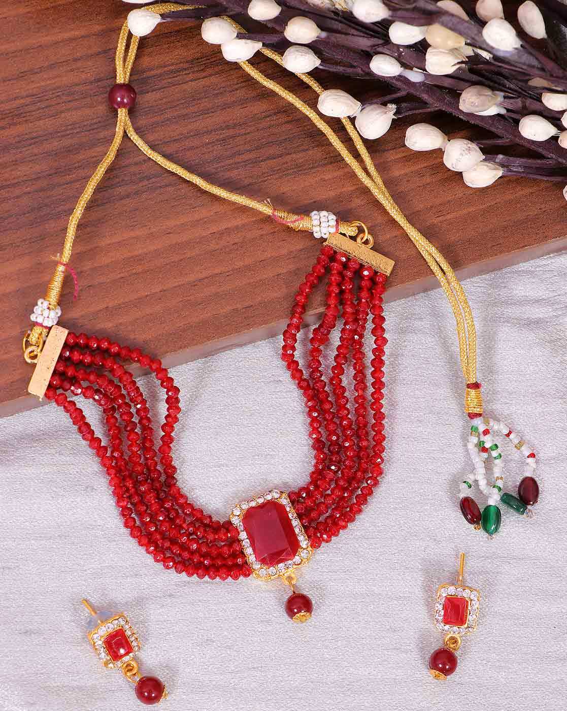 22K Gold 'Mango' Necklace with Red Stones - 235-GN3045 in 26.900 Grams