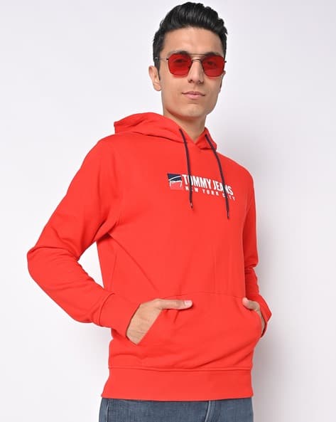 Ajio Red Tommy Hilfiger Hoodie Men Brand Embroidered Hoodie With