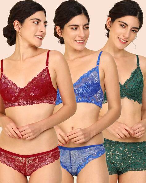 Buy Women's Laced Bra and Panty Combo Lingerie Set (Pack of 3) at