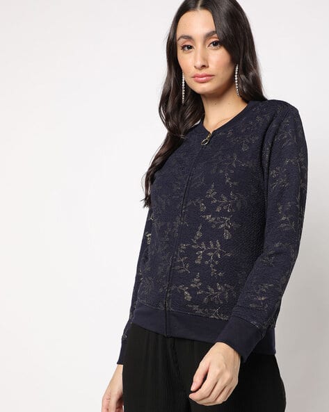 Navy Floral Jackets Womens Roman Navy Floral Print Lining Cotton