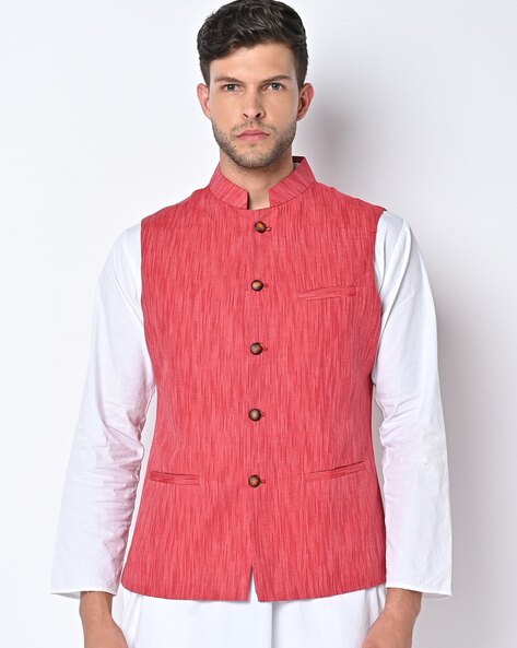 Art Silk Printed Asymmetric Nehru Jacket In Red 315MW14