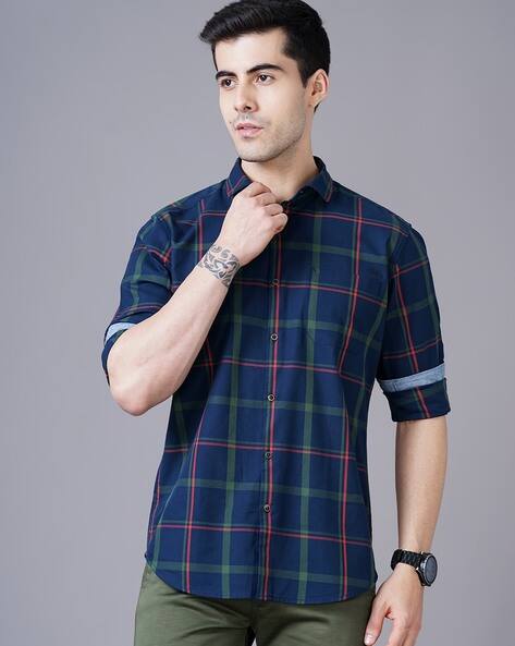 men plaid print pocket patched shirt without tee