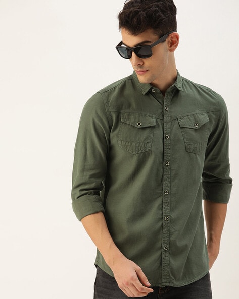 Mens Clothing Shirts Casual shirts and button-up shirts for Men Theory Cotton Shirt in Military Green Green 