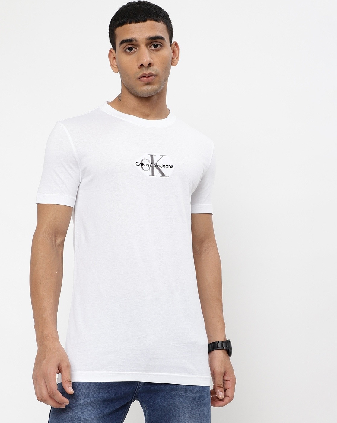 Buy Calvin Klein Men White Flocked Monogram Logo Crew Neck T-Shirt 