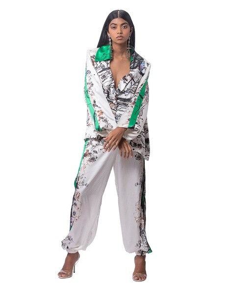 Buy Pastel Green and Cream Afna Silk Blazer with Trousers Set of 2  Online at Jayporecom