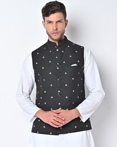 Shop Jaypore Men Navy Blue Silk Viscose Block print Mandarin Collar Regular  Fit Nehru Jacket for Men Online 39614930