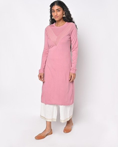 Buy Indya Pink Leheriya Print Embroidered Cotton Kurta online