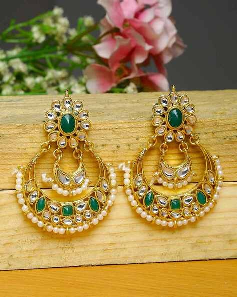 Gold plated kundan chandbali heavy earrings - Silvermerc Designs - 4160847