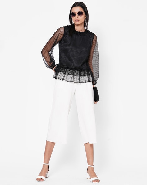 Round-Neck Top with Semi-Sheer Sleeves