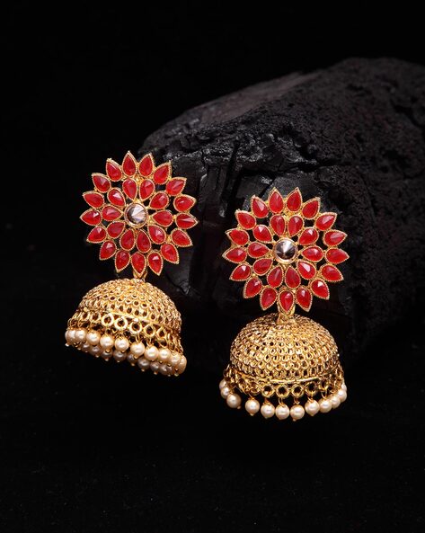 Buy Anika's Creations Traditional Gold Tone Leaf Motif Stone and Pearl 2  Floor Red Jhumka Earring online