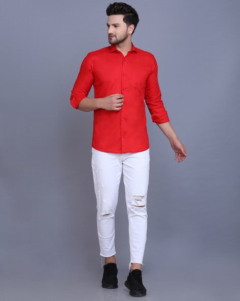 black pant red shirt combination