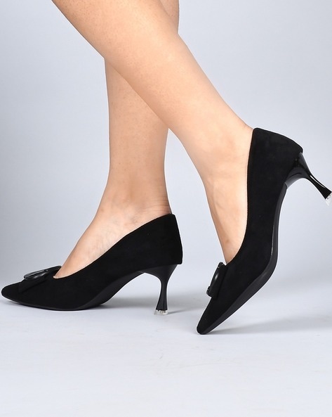 ELLE High Heels Size 6 Black Gold Stud Point-Toe Bow Pumps suede Shoes |  eBay