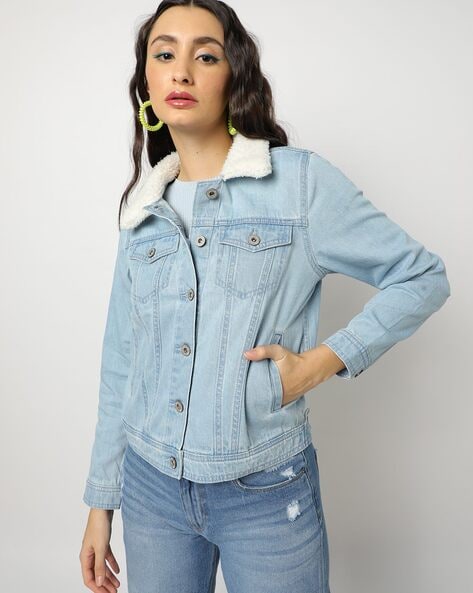 Women's Classic Cotton Faux Fur Lined Button Up Denim Jean Trucker Jacket (Light  Blue, M) - Walmart.com
