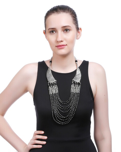 Black Beaded 3 Layer Necklace w/Crystal - Evelie Blu Boutique