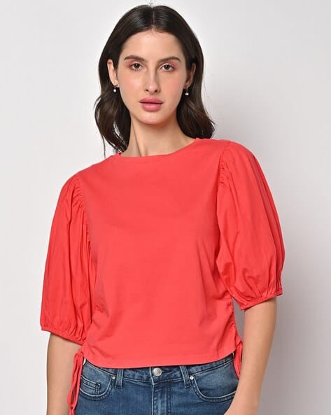 JDY BY ONLY Round-Neck Top with Puff Sleeves