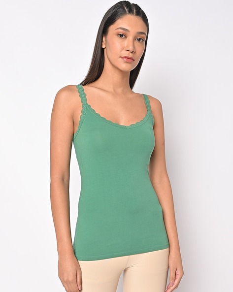 Buy GREEN LACE-TRIM SLIM BLOUSE for Women Online in India