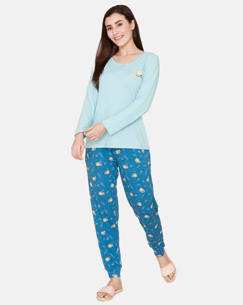 Zivame Blue Printed Maternity Shirt With Pyjamas