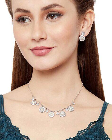 Voylla Pearl & Stone Studded Necklace with Earrings Set