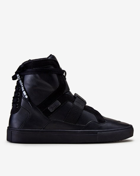 204 Black Rear-Lacing High-Top Sneakers