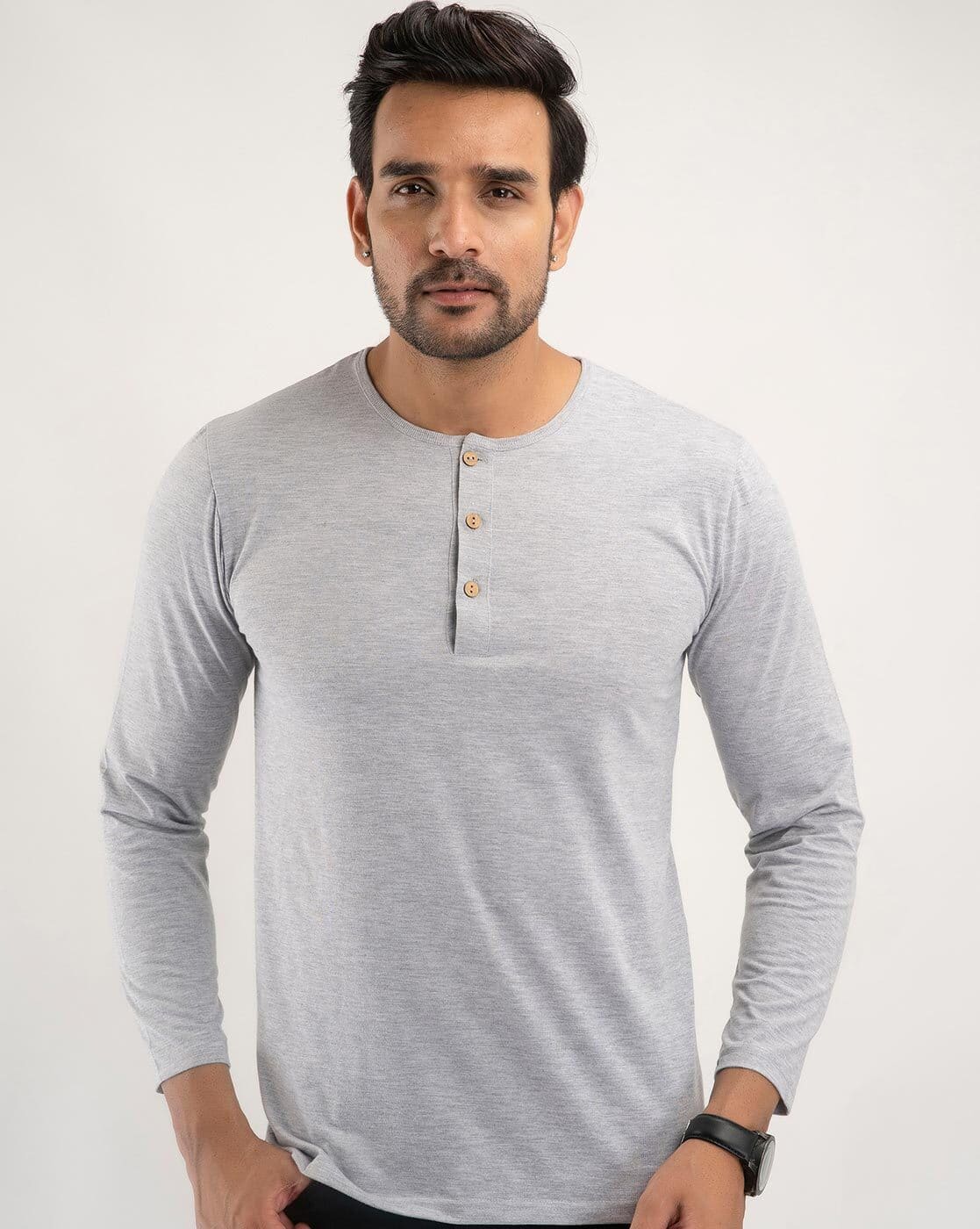 ANCELLM HENLEY RIB LS T-SHIRT （GRAY） Buy DNMX Men Slim Fit Henley T-Shirt Online | Ajio.com